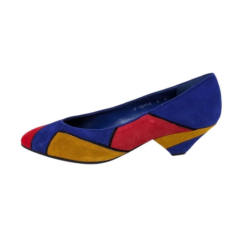 Vintage 80s Martinez Valero Colorblock Suede Art Deco Pumps Size 6